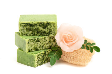 Moringa extract used to make soap isolated on white background.