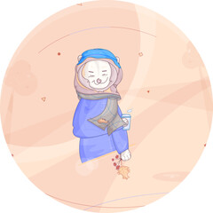 Vector smiling lion walking outside with a cup of coffee or tea on a bright autumn day. Lion in the park dressed in warm clothes, holding a maple leaf and rowanberry, decorated by falling leaves.
