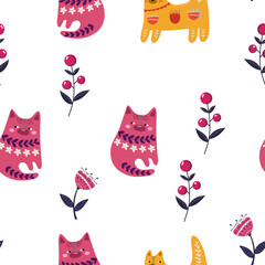 cute seamless vector pattern with cats and colorful flowers. hand-painted folk illustration