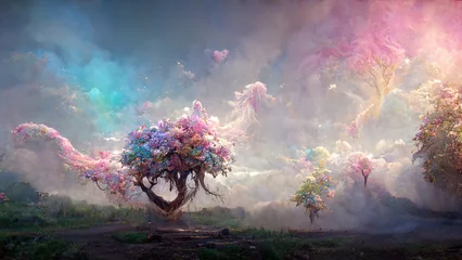Gordijnen fantasielandschap met magische boom gehuld in roze mist © Ivan Traimak