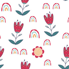 Vector seamless pattern in folk style with flowers. Folklore vector graphics with colorful plants	