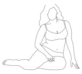 Fat girl posing in her underwear. Body-positive, large-sized women in underwear. For the design of underwear and swimwear, bathing suits. Linear art.