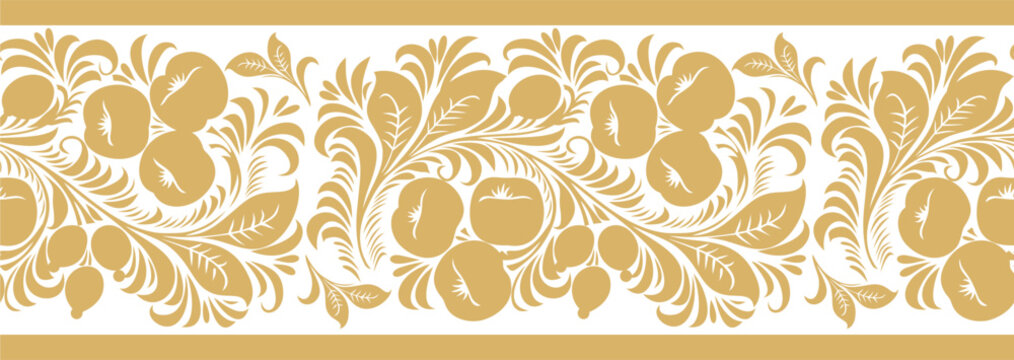 Vector gold seamless Russian folk ornament Khokhloma. National endless border, frame of Slavic peoples, Belarusians, Ukrainians..