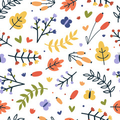 seamless colorful autumn cute pattern of leaves and flowers on white background