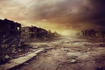 Een post-apocalyptische verwoeste stad. Verwoeste gebouwen, uitgebrande voertuigen en verwoeste wegen. 3D-rendering