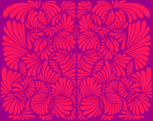 Bright crimson decorative psychedelic background, fuchsia color outline. Juicy symmetrical pattern with amazing patterns.