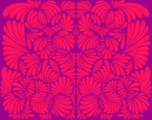 Fotobehang Bright crimson decorative psychedelic background, fuchsia color outline. Juicy symmetrical pattern with amazing patterns. © Olga