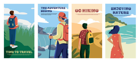 Travel and hiking posters. Cartoon people enjoying nature and look in the sky, adventurers and travelers in wild nature. Vector touristic flyers collection