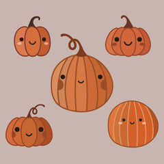 Autumn Collection of Vector Elements: Fall Pumpkins on a Beige Background. Warm orange, red, nude colors. Hand drawn illustration, pumpkins with cute faces.