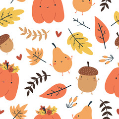 seamless vector colorful autumn pattern with pears, pumpkins, mushrooms, leaves