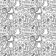 Black and white Seamless christmas pattern. New year background. Doodle illustration with christmas and new year icons