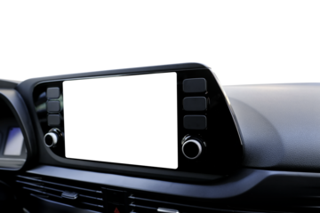 Isolated transparent navigation screen on the dashboard and transparent windscreen from inside of a car