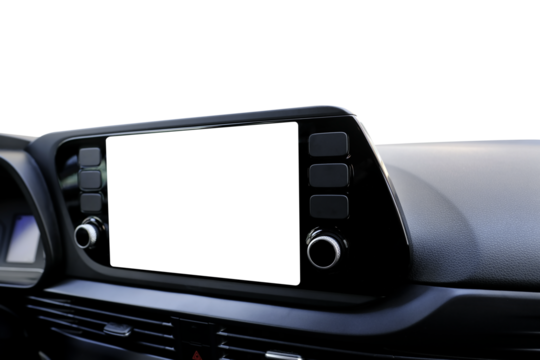 Isolated transparent navigation screen on the dashboard and transparent windscreen from inside of a car