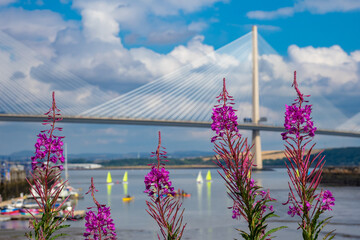 Aerial view of Queens ferry crossing during the summer in Edinburgh