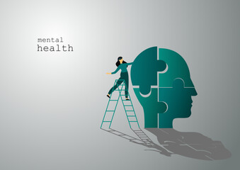 Mental health care treatment vector illustration concept. specialist doctor work to give psychology therapy. Tiny people character with screwdriver. Banner, poster, or social media printing.
