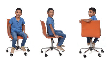 side, front and back wiev of same teen sitting on chair over white background