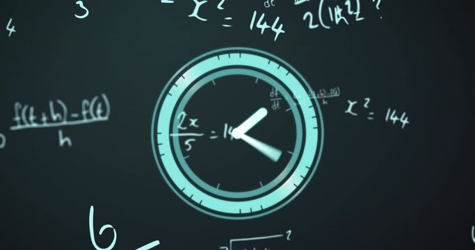 Animation of clock over mathematical equations on green background