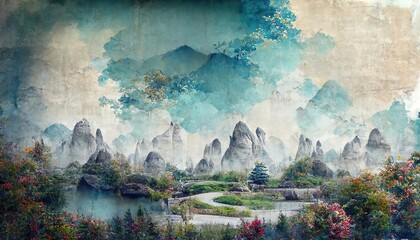 Landscape with mountains in a minimalist style. Luxurious mountainous terrain in oriental style. Wallpaper design, prints and invitations, postcards. Mountain misty peaks 3D illustration