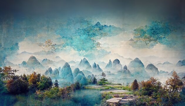 Watercolor mountain background. Luxurious mountainous terrain in oriental style. Wallpaper design, prints and invitations, postcards. Cloud mountains 3D illustration