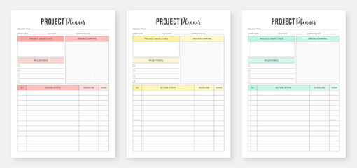Project planner template design. 3 Set of minimalist Project Planners. Printable project tracker template design. Business organizer page. Project Management Template. Project Task Planner.