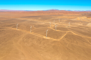Aerial view of a wind farm in the Atacama Desert outside the city of Calama, Chile