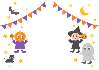 ハロウィンのフレームイラスト: ガーランドと仮装した子供たち