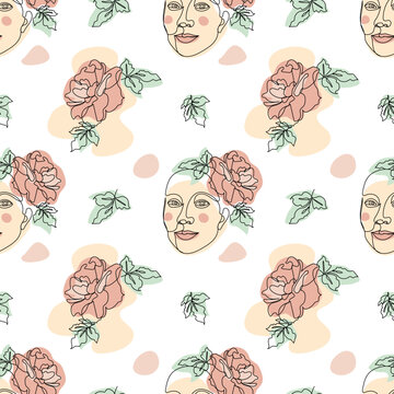 Seamless pattern with one single line drawings of female face and rose flowers and abstract shapes. Black line on white background
