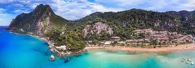 Gordijnen Greece summer holidays. Best scenic beaches of Corfu island - aerial panoramic view of Glyfada beach and village in western part © Freesurf