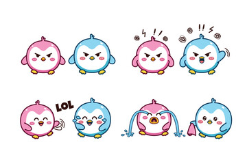 Set of cute kawaii couple blue and pink little penguin for social media sticker emoji angry laughing out loud cry emoticon