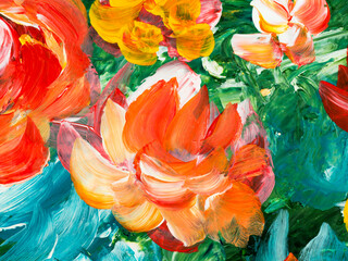 Abstract flowers, painting red and yellow original hand drawn, impressionism style, color texture, brushstrokes of paint,  art background. - 529215094