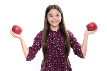 Spring everywhere. spring season fruits. full of vitamins. organic food only. natural and healthy. happy childhood. kid eat apple. child with fruit. Portrait of happy smiling teenage child girl.