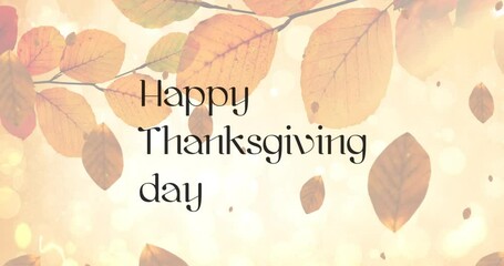 Animation of happy thanksgiving day text over autumn leaves on yellow background