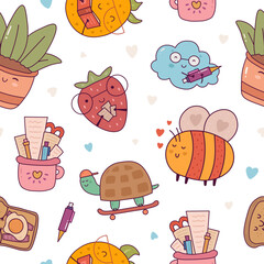 funny cute school pattern with fruits and animals vector illustration