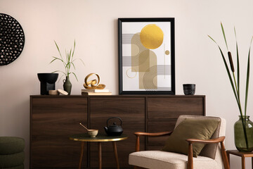 Interior design of harmonized living room with brown commode, design boucle armchair, coffee table, decoration, mock up poster frame and elegant personal accessories. Modern home decor. Template.