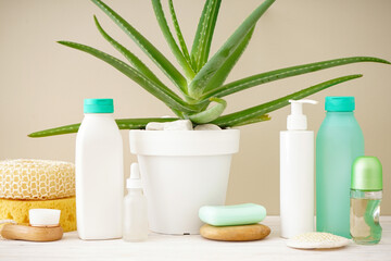 Aloe vera and composition of body care and beauty products on a beige background, close-up.