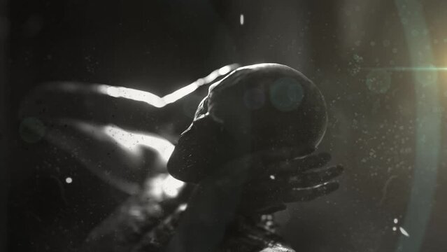 Animation of damaged film of scary zombie figure in dark room holding head in pain, black and white
