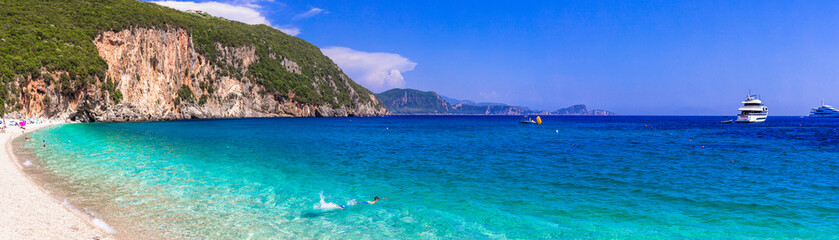 Best beaches of Epirus, Greece. Panorama of Lichnos - stunning beach with turquoise water near Parga town. Greek summer holidays