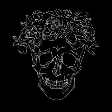 Human skull and flower wreath line art drawing on black background,Vector illustration.Skull with roses wreath.Los muertos.Symbol liner design for print,t-shirt,emblem,logo,tattoo