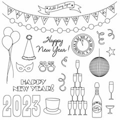 2023 New Years Eve black outline digital stamps