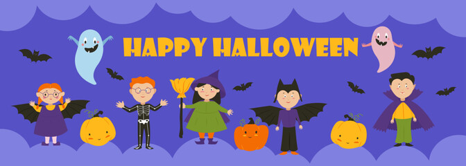 Children in costumes witches, vampire, death, ghosts, pumpkins and bats, Halloween party banner. Vector illustration.