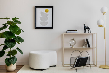 Obraz na płótnie Canvas Cozy and stylish living room with mock up poster, white pouf, lamp, consola and personal accessories. Beige wall with carpet. Home decor. Template.