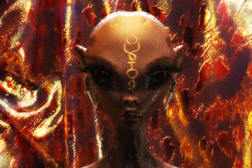 Artistic 3D Illustration of a female alien face - 529217028