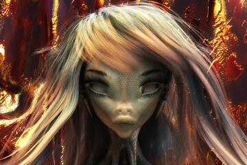 Artistic 3D Illustration of a female alien face - 529217081
