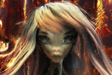 Artistic 3D Illustration of a female alien face - 529217085