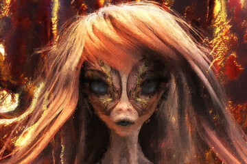 Artistic 3D Illustration of a female alien face - 529217273