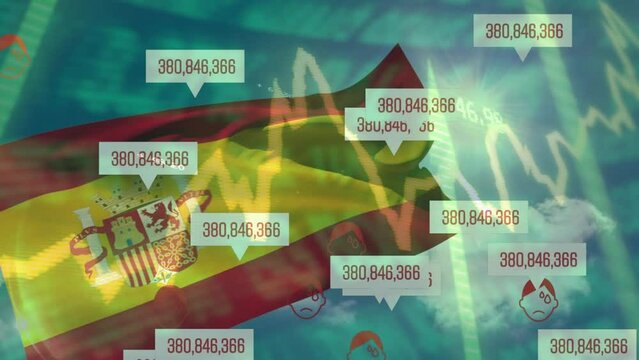 Animation of data processing over flag of spain - Powered by Adobe