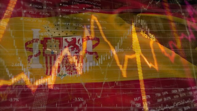 Animation of data processing over flag of spain - Powered by Adobe