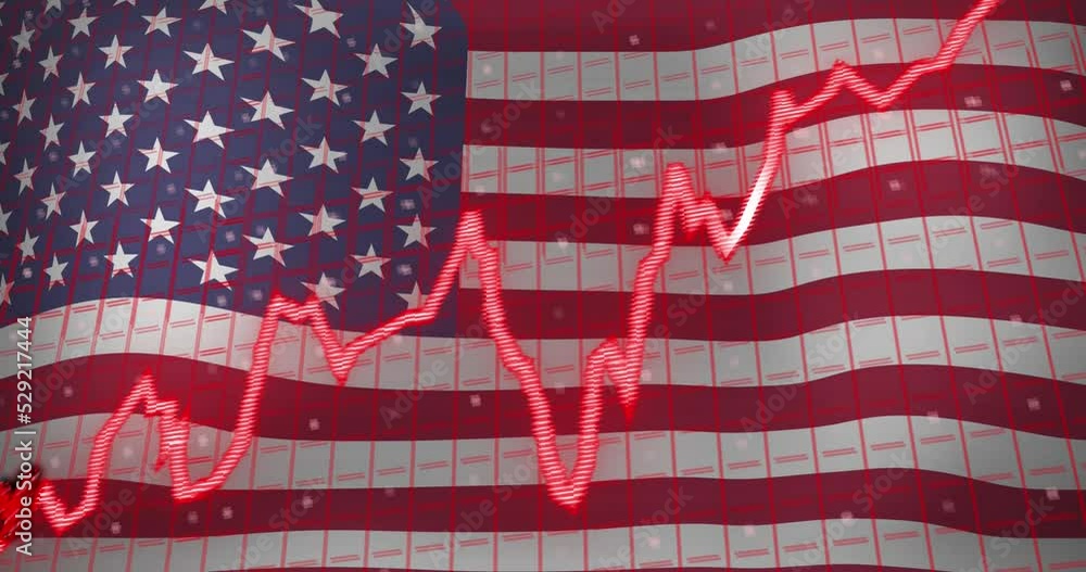 Poster animation of data processing and stagflation text over flag of usa