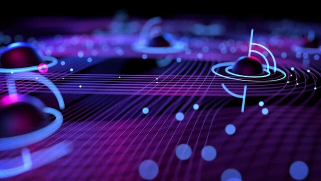 4k particle lines with animated lights over black planets spheres with rotate orbit objects in space