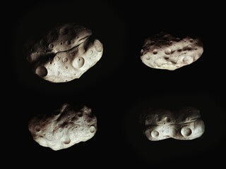 Collage with four cosmic stones. Large asteroids with craters on a black background. A group of...